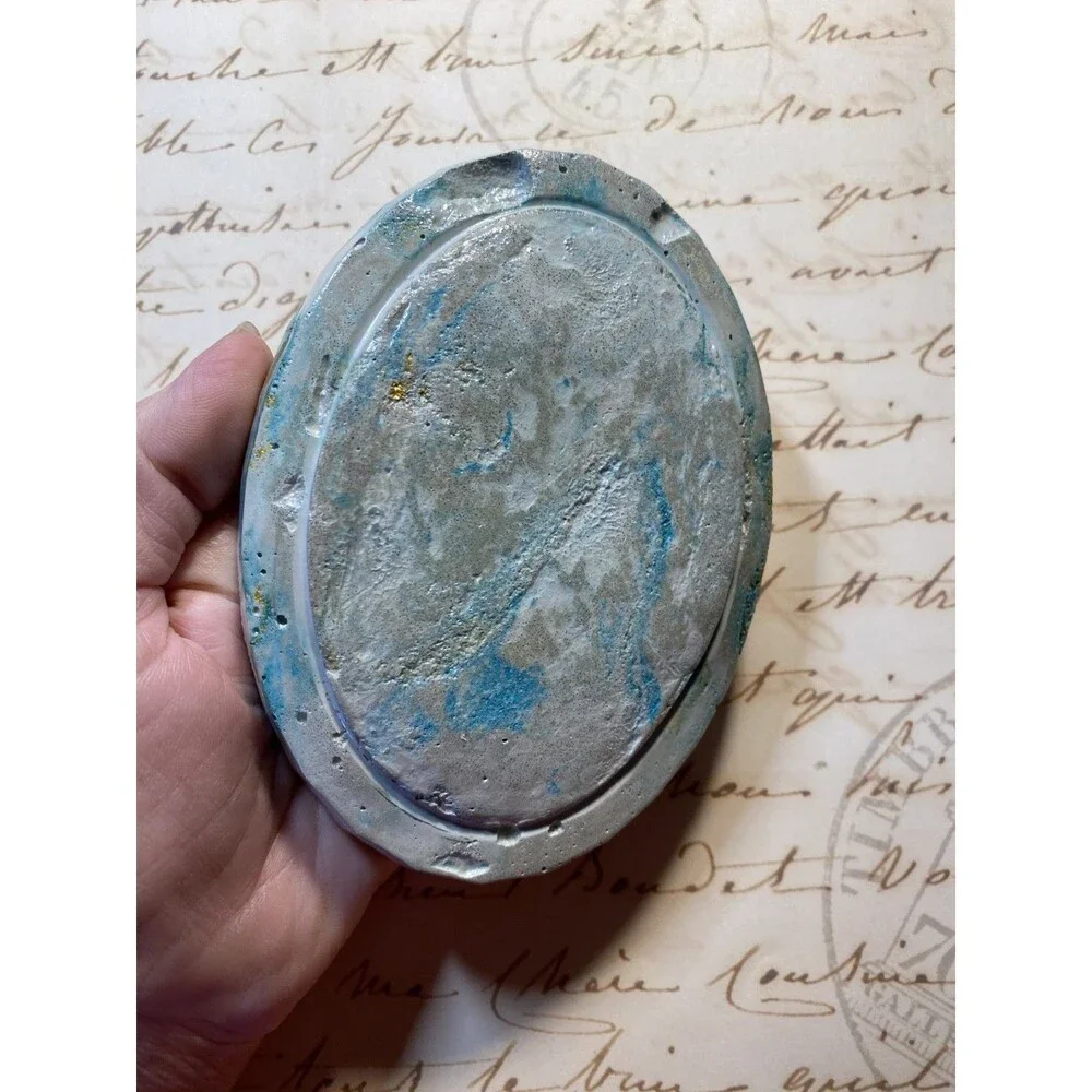 Handmade Soap Dish Cement Soap Holder Oval Bathroom Kitchen Marbled Teal